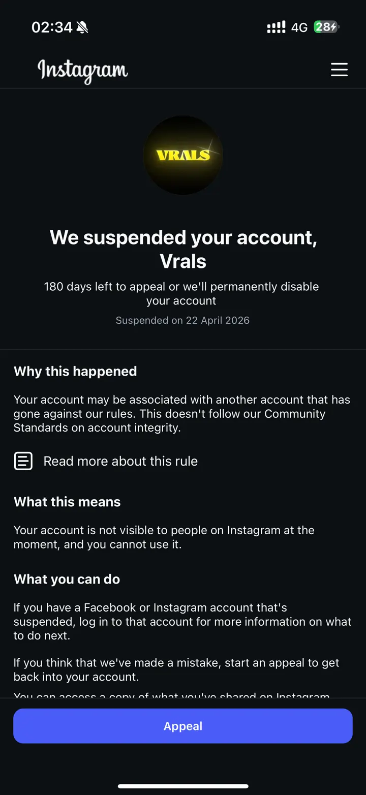 Vrals account suspended